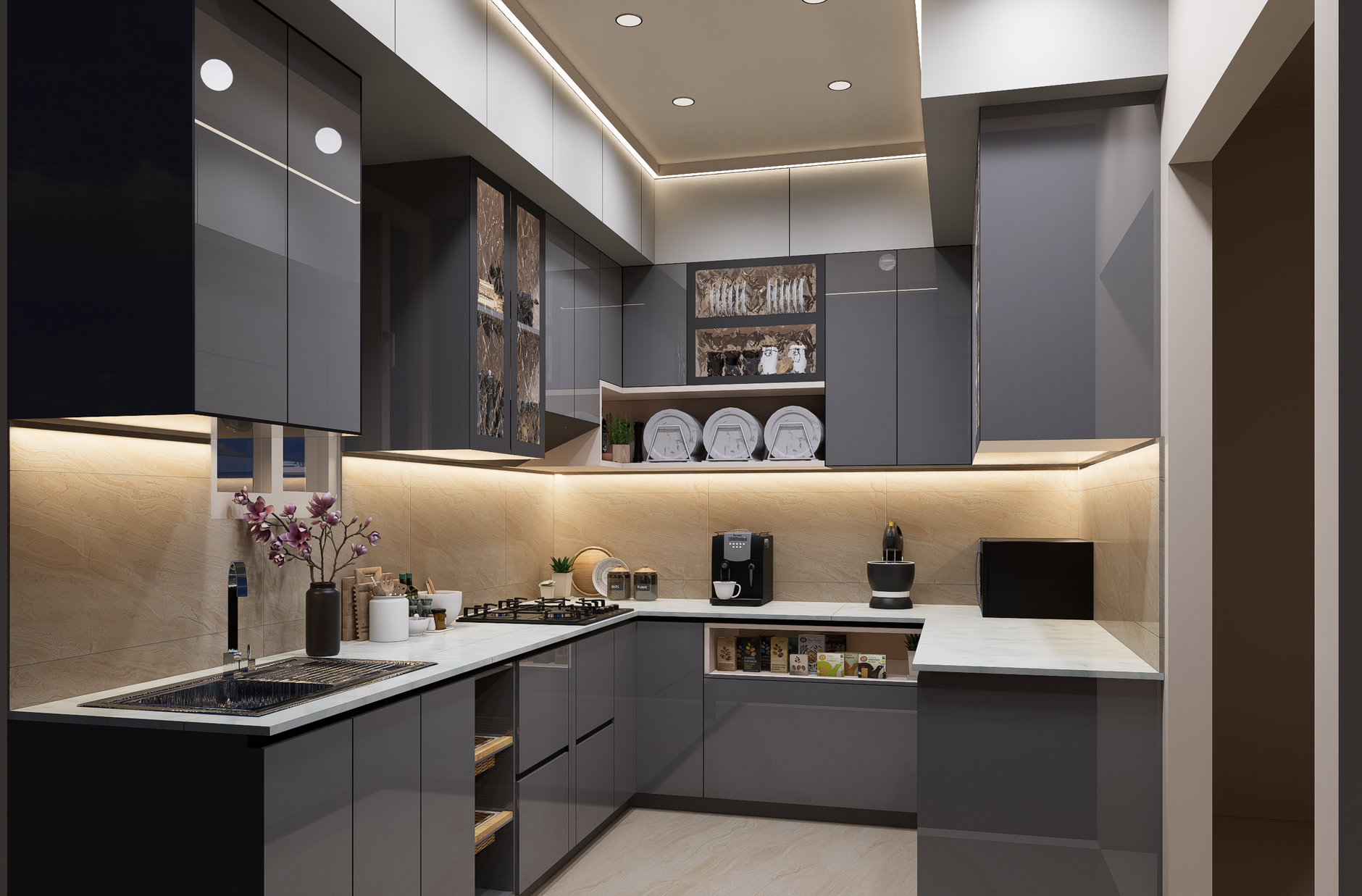 Stylish modern kitchen featuring sleek gray cabinets and under-cabinet lighting in Scottsdale, AZ